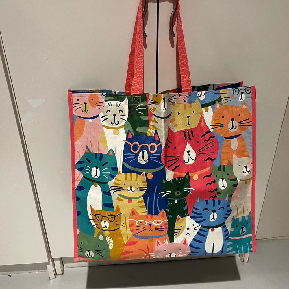 Colorful Large Kitty CATS Pattern Reusable Tote Bag - Pink Handles Cat lovers!! - Picture 6 of 7